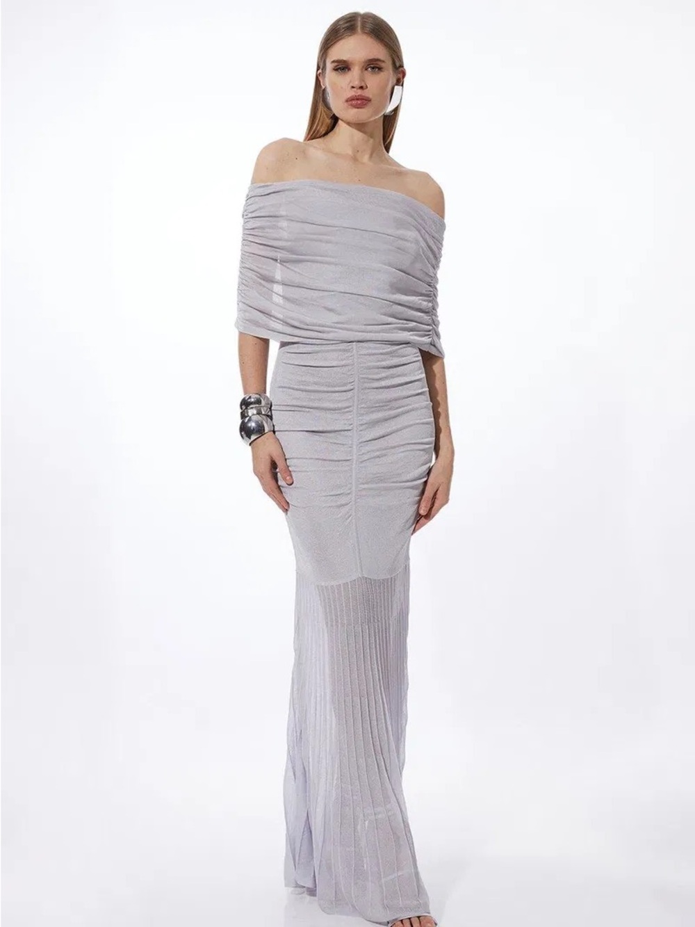 Karen Millen Viscose Blend Slinky Sheer Knit Bardot Maxi Dress